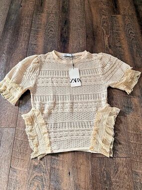 ZARA Ruffled Knit Cardigan Crochet Crop Top Cream
